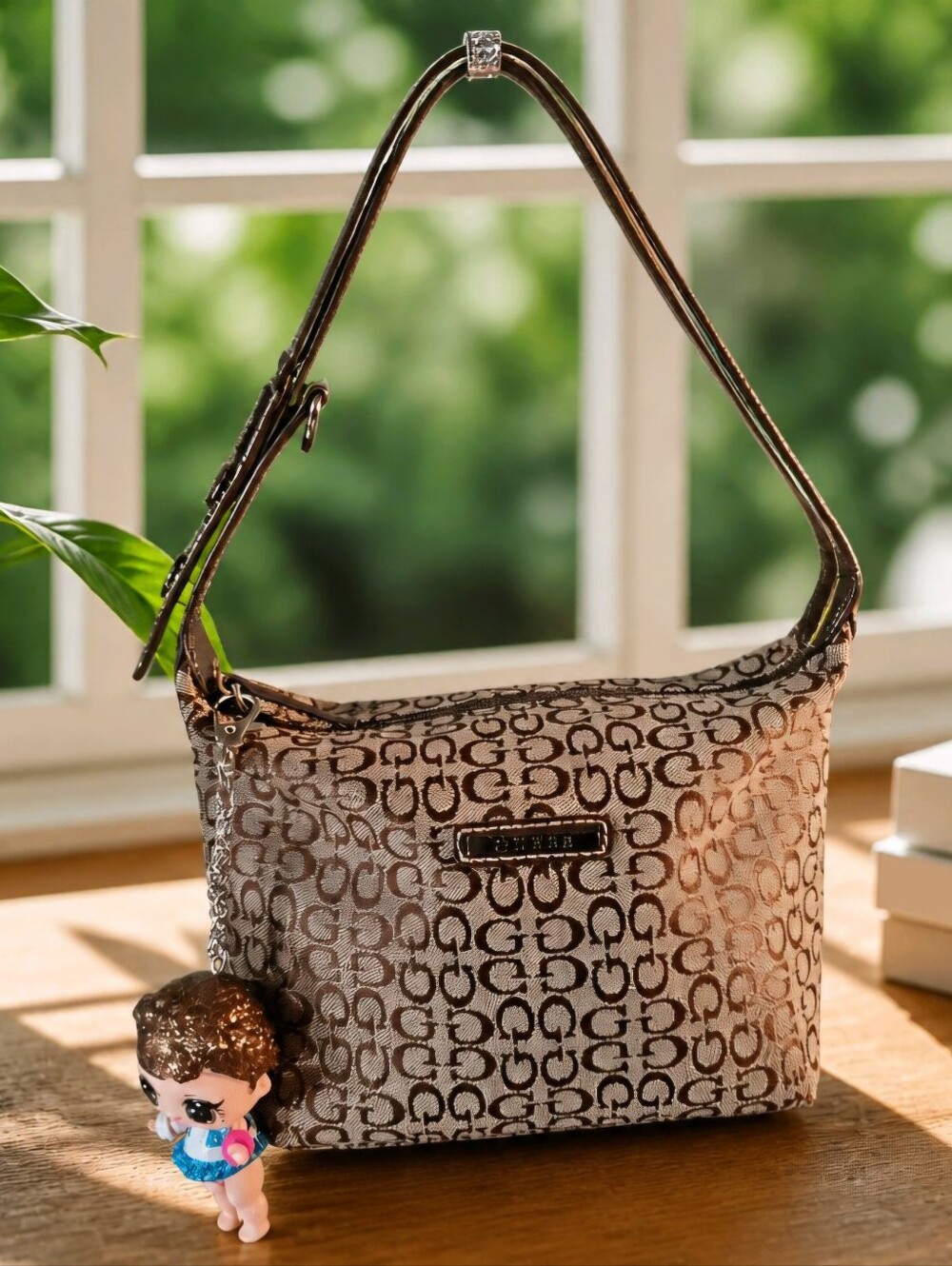 GUESS Brown Beige Logo Jacquard Y2K Mini Handbag Adorable Rare